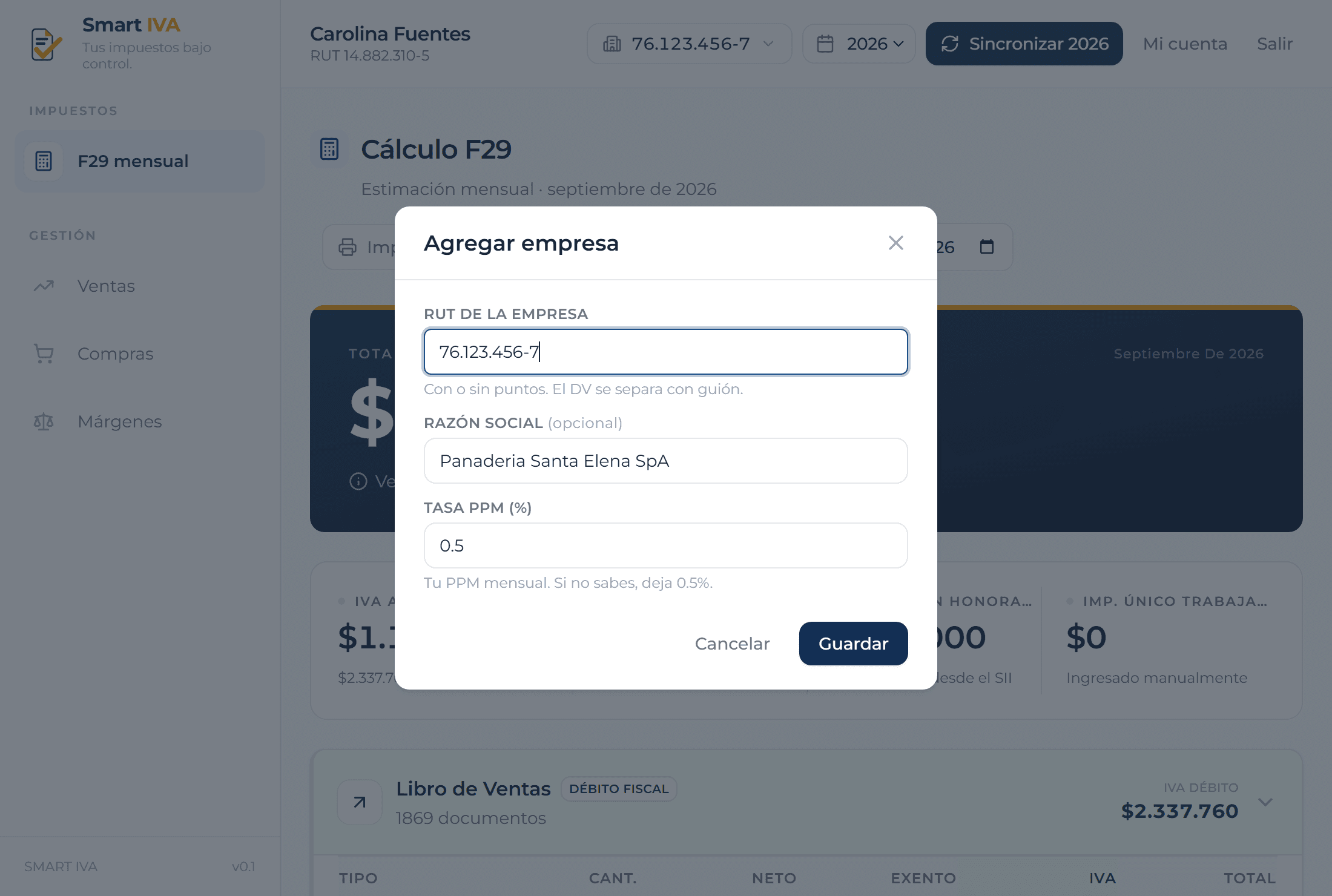 Formulario para agregar una empresa con su RUT y razón social